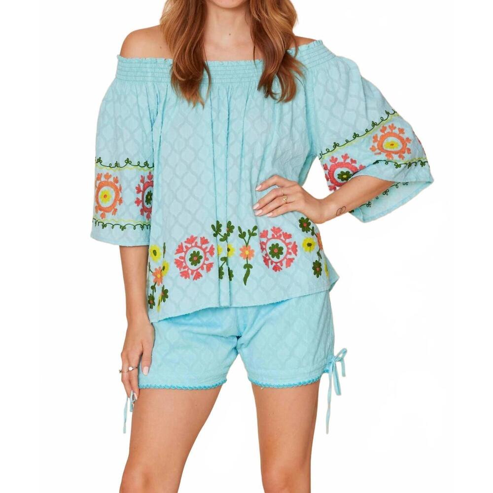 NEW MODAPOSA enrica off the shoulder embroidered floral top in aqua blue